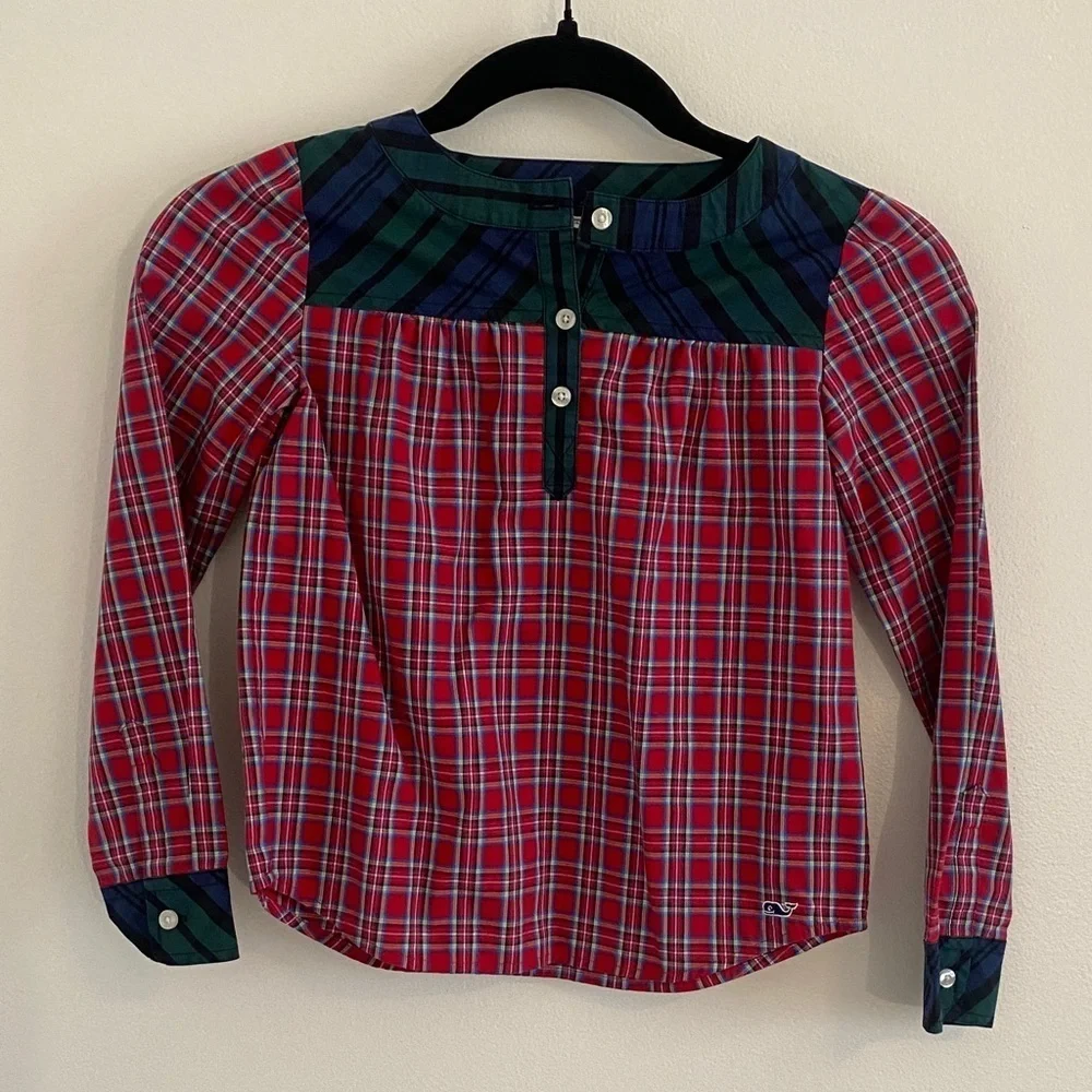 Vineyard Vines Holiday Plaid Kids Cotton Button Down Blouse girls size XS (5-6)